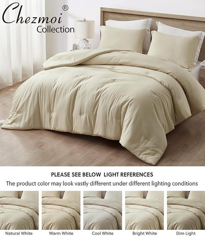 Chezmoi Collection Cliff 3-Piece Lightweight Cooling Comforter Set, Queen- Rayon Derived from Bamboo & Polyester Blended, Soft Breathable Bedding for Hot Sleepers, Sand