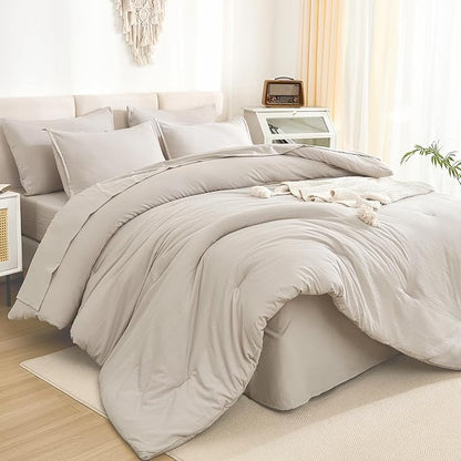 Litanika Full Size Comforter Sets Linen - 7 Pieces Bed in a Bag Full Bedding Comforter Sets, Solid Lightweight Bed Set with Comforter, Sheets, Pillowcases & Shams
