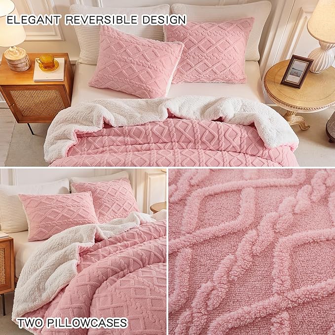 Joyreap 3-Piece Fluffy Faux Fur Sherpa Comforter Set Pink, King Size Luxury Tufted Bedding Comforter Set, All Season Soft n Cozy Plush Comforter Bed Set- 100x88 inches