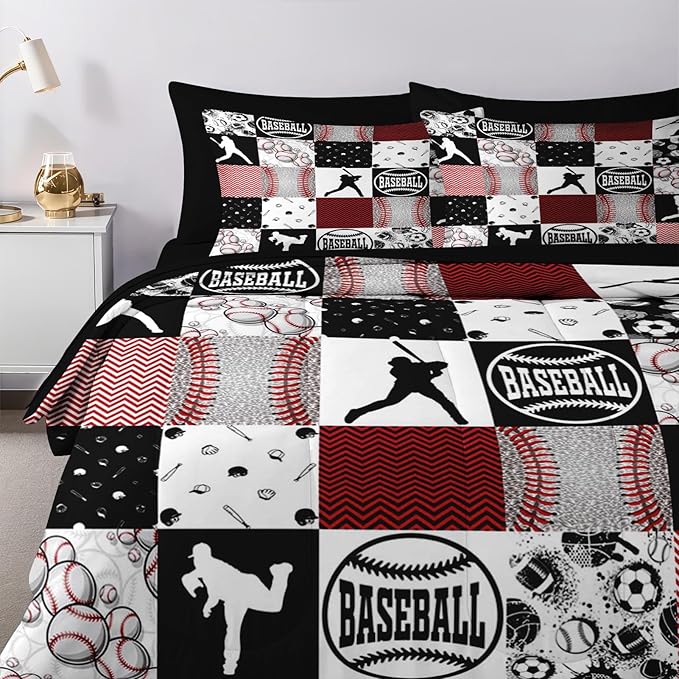 Nesker 5 Pcs Comforter Set Twin Size, Baseball Softball Sports Boys Bedding Set for Kids and Adults, Red Black Gray Patchwork Checked Bed Sheet Sets with Fitted Sheet Pillowcases & Shams