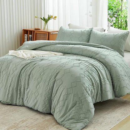 Andency Sage Green Tufted Comforter Set King(104x90Inch), 3 Pieces(1 Tufts Comforter, 2 Pillowcases) Boho Textured Farmhouse Bed, Microfiber Down Alternative Geometric Bedding Set