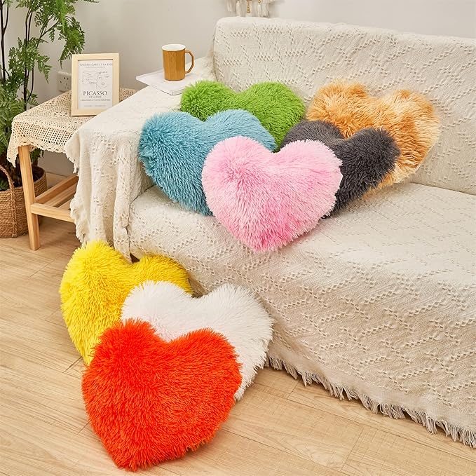 MOOWOO White Fluffy Heart Pillow, Faux Fur Throw Pillow,Sherpa Plush Fluffy, Cute Soft Throw Cushion, Valentines Day,Thanks Giving Days,Christmas Day Decorative for Home Bed Couch Heart Shape