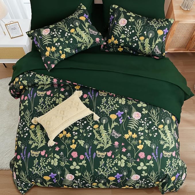 Yiran Floral Full Size Comforter Set, 7 Piece Dark Green Comforter Bedding Set, Spring Bed in a Bag Botanical Flowers Pattern, Soft Lighrweight Complete Comforters with Sheets for Women