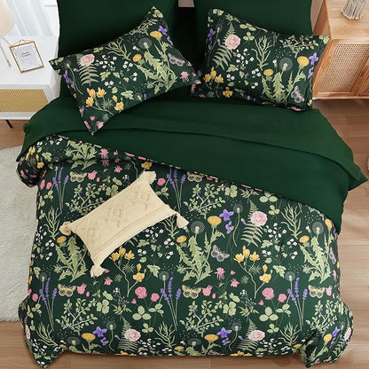 Yiran Dark Green California King Comforter Set, 7 Piece Summer Floral Comforter Bedding Set, Bed in a Bag with Flowers Pattern, Soft Microfiber Complete Bedding Set with Sheets for All Season