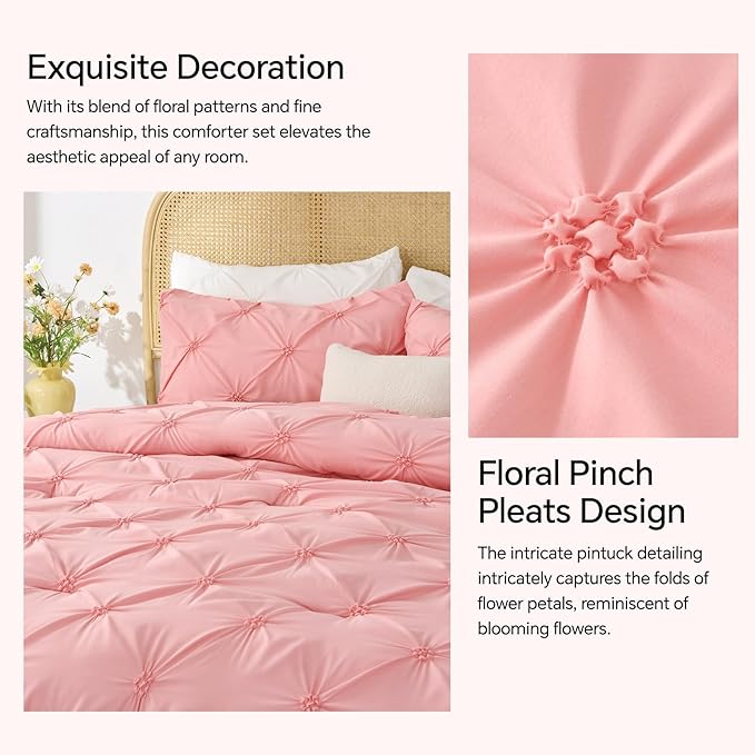 BEDELITE California King Comforter Set - 3 Peices Boho Pintuck Bedding Comforter Sets, Lightweight Soft & Warm Twin Bedding Sets with 2 Pillowcase for All Season