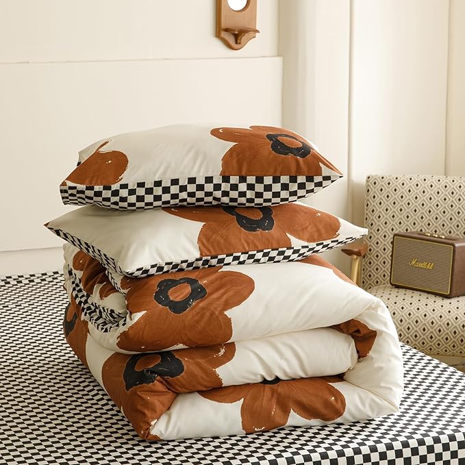 Cottonight Pumpkin Sunflower Comforter Set Brown Full Women Girls Beige and Brown Floral Bedding Comforter Set Botanical Flowers Blanket Quilts Soft Breathable Cute Comforter