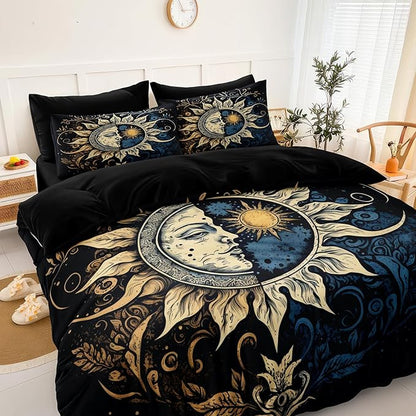 Sun and Moon Comforter Set Black Boho Bedding Set Celestial Galaxy Starry Space Bedding Comforter Mandala Exotic Black Bed in A Bag Full Size