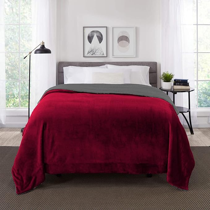 Genteele Sherpa Throw Blanket Super Soft Reversible Ultra Luxurious Plush Blanket, 102 x 90 inches, Rich Burgundy Red/Gray