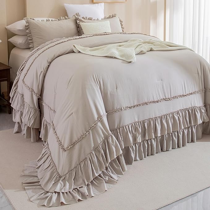 QSH Taupe Oversized King Comforter Set 120x120,Shabby Vintage Chic Ruffled Bedding Comforter Farmhouse French Country Rustic Comforter Microfiber Soft Fluffy Lightweight Bedding 3 PCs