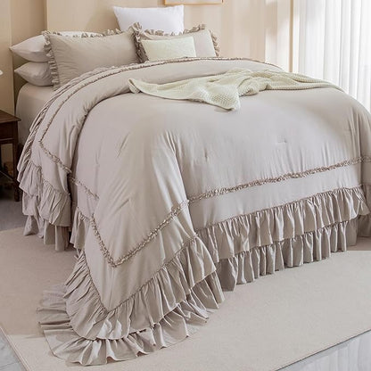 QSH Taupe Oversized King Comforter Set 120x120,Shabby Vintage Chic Ruffled Bedding Comforter Farmhouse French Country Rustic Comforter Microfiber Soft Fluffy Lightweight Bedding 3 PCs