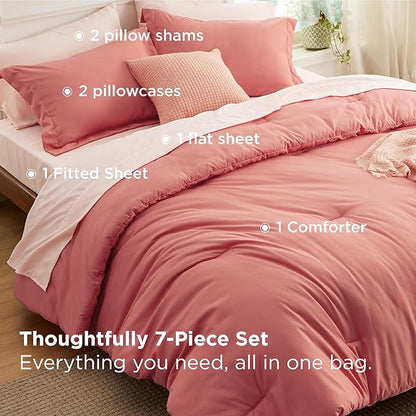 Bedsure Queen Comforter Set - 7 Pieces Coral Queen Bedding Set for All Seasons, Boho Contrasting Design Bed in a Bag with Comforter, Sheets, Pillowcases & Shams