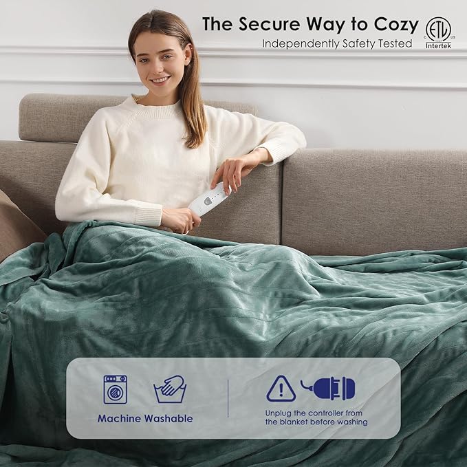Heated Blanket Queen Size Electric Blanket 84''X90'', Ultra Soft Silky Flannel with 5 Heat Levels & 10 Hrs Timer, ETL Certified & Overheat Protection, Best Gifts for Grandma (Hunter Green)