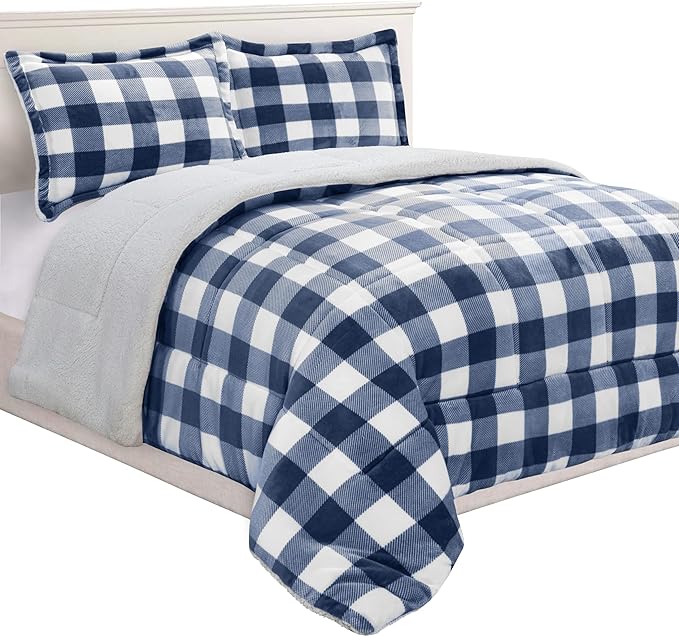 Elegant Comfort 3-Piece Buffalo Lodge-Plaid Comforter Set, Luxurious, Heavyweight, All Season, Down Alternative-Micromink Sherpa-Backing Reversible Micro-Suede, Soft and Plush, Full, Navy Blue/White