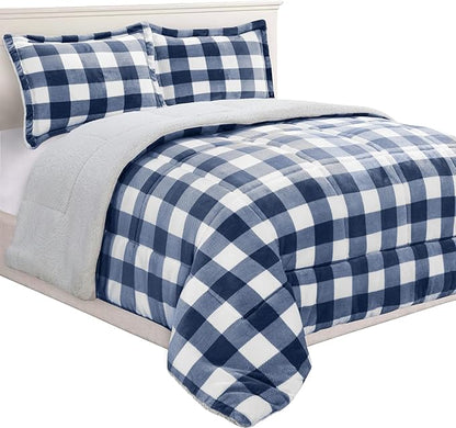 Elegant Comfort 3-Piece Buffalo Lodge-Plaid Comforter Set, Luxurious, Heavyweight, All Season, Down Alternative-Micromink Sherpa-Backing Reversible Micro-Suede, Soft and Plush, Full, Navy Blue/White