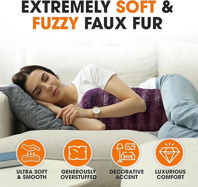 Cheer Collection Faux Fur Bolster Pillows – Soft Decorative Cylinder Pillows for Bed or Couch, Machine Washable – 8” x 24”, Set of 2, Purple