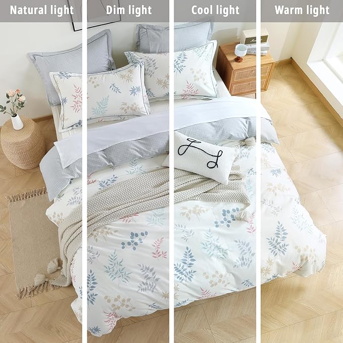 White Cotton Comforter Twin Size 2Pcs - Blue, Beige and Blush Botanicals Pattern on White, Gray Grid Back, Reversible Lightweight Bedding Sets with Soft Fill(1 Comfoter, 1 Pillowcase)