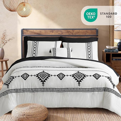 MaiRêve Embroidery Comforter Set, Boho Farmhouse Western Bedding Set, All Season Bed in A Bag Comforter Set with Sheets, Pillowcases & Shams, White Full 7 Pieces