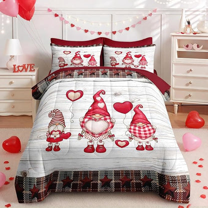 Nesker 7 Pcs Valentine's Day Comforter Set King Size, Cute Gnome Romantic Bedding Set for Kids and Adults, Christmas Love Funny Bed Sheet Sets with Fitted Sheet 2 Pillowcases & 2 Shams