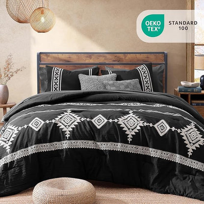 MaiRêve Embroidery Comforter Set, Boho Farmhouse Western Bedding Set, All Season Bed in A Bag Comforter Set with Sheets, Pillowcases & Shams, Black Oversized Queen 7 Pieces