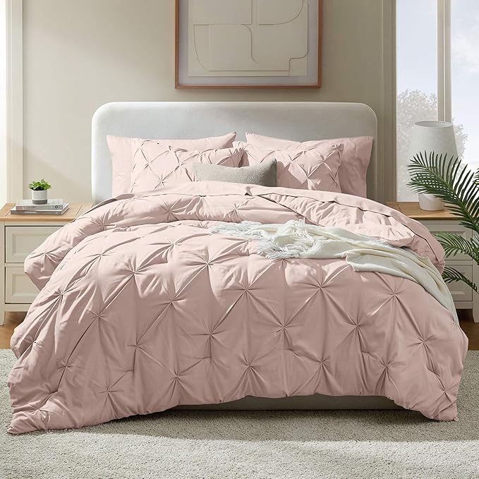 Nestl California King Comforter Set 7 Piece - Pintuck Cal King Comforter Set Blush Pink, California King Bed in a Bag, All Season Bed Set with Flat Sheet and Fitted Sheet, Pillowcases and Shams