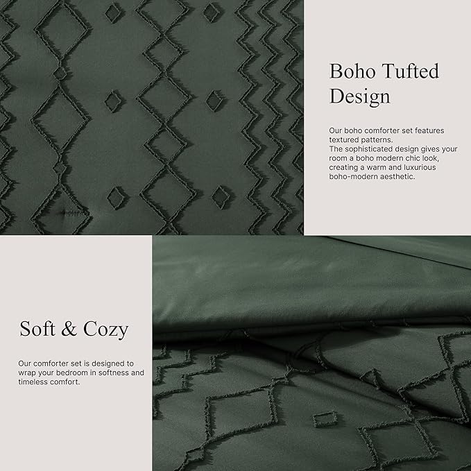 Full Size Comforter Set Dark Green, Tufted Boho Bedding Farmhouse Bed Set, All Season 7 Pieces Bed in a Bag with Sheets, Pillowcases & Shams