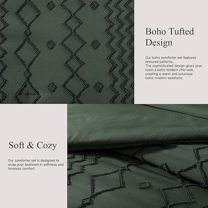 Queen Comforter Set Dark Green, Tufted Boho Bedding Farmhouse Bed Set, All Season 7 Pieces Bed in a Bag with Sheets, Pillowcases & Shams