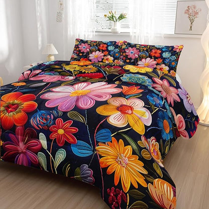 Colorful Flower Comforter Set Queen Size 3 PCS Bed in a Bag,Cute Floral Bedding Set for Girls Teens,Ultra Soft Microfiber Comforter Bed Set with 3-Pieces, Floral Bedroom Decor with Pillowcases