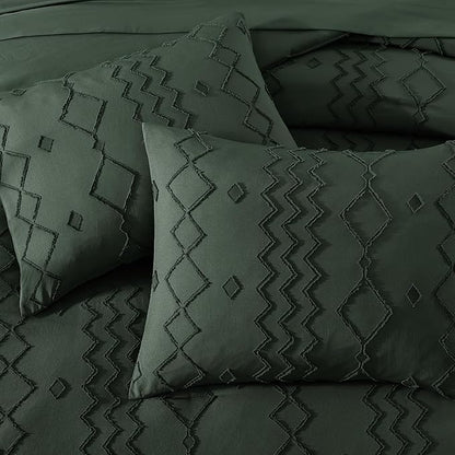 King Size Comforter Set Dark Green, Tufted Boho Bedding Farmhouse Bed Set, All Season 7 Pieces Bed in a Bag with Sheets, Pillowcases & Shams