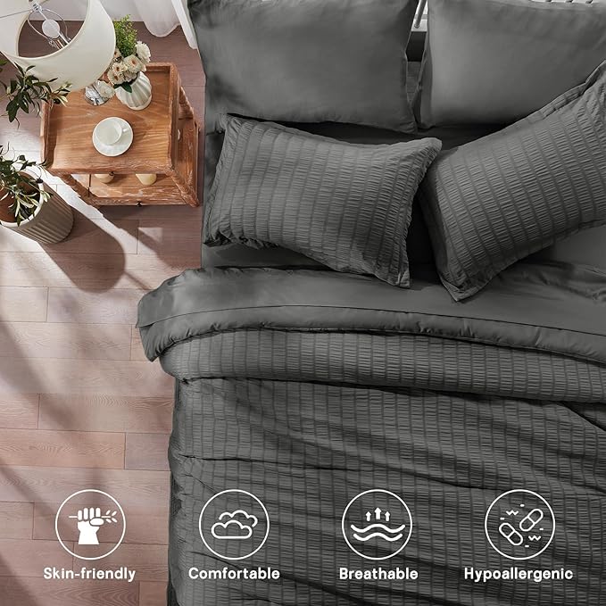Zzlpp Twin Comforter Set 5 pieces, Dark Grey Seersucker Bed in a Bag with Comforter and Sheets, All Season Bedding Sets with 1 Comforter, 1 Pillow Sham, 1 Pillowcase, 1 Flat Sheet, 1 Fitted Sheet