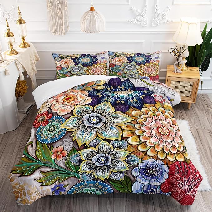 3 Piece Boho Floral Bedding Set,Colorful Flowers Comforter Set,Bohemian Reversible Down Alternative Bed Sets,90"x90" Soft Microfiber Flower Duvet Vintage Bedding in a Bag for Women Men