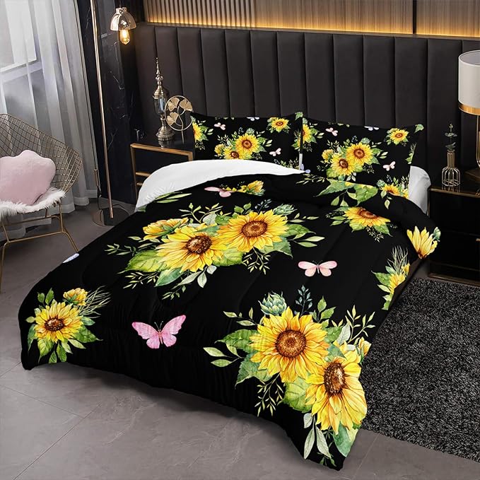 Black 3 Piece Sunflower Comforter Sets Twin Size, Farmhouse Floral Bedding Set for Girls Boys Adults,3 Piece Bed in A Bag, Ultra Soft Microfiber All Season Yellow Flower Bedding Set