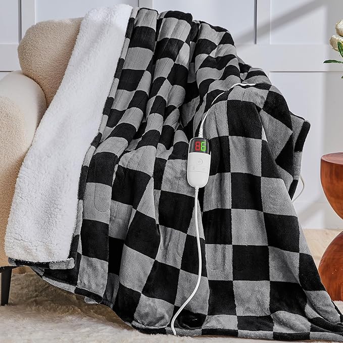 Heated Electric Blanket Twin Size, 62X84 Heating Blanket with 10 Heat Level & 8 Hours Auto Off, Black Gray Checkered Plaid Soft Fleece Sherpa Blankets Warmer Gifts for Couch Grandma Women Adults