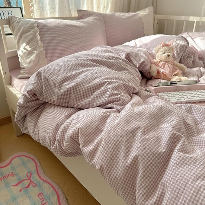 HighBuy Purple Plaid Comforter Set Twin XL Size Lace Ruffle Gingham Pattern Printed Comforter 3 Pieces Lightweight Boho Vintage Fluffy Soft Farmhouse Checkered Grid Bedding Set