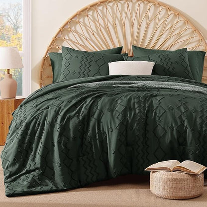 King Size Comforter Set Dark Green, Tufted Boho Bedding Farmhouse Bed Set, All Season 7 Pieces Bed in a Bag with Sheets, Pillowcases & Shams