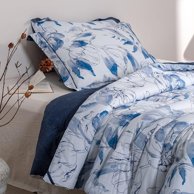 Cotton Comforter Queen Size Set – Blue Watercolor Floral Bedding, Soft & Breathable, All-Season Down-Alternative Filling, 1 Comforter & 2 Pillow Shams