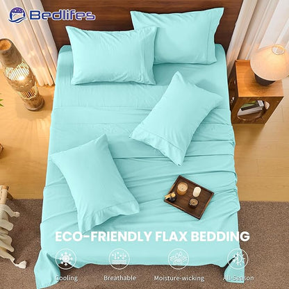 Bedlifes 100% French Pure Linen Sheets King Size Breathable and Cooling Flax Sheet Set Soft Durable and Moisture Wicking 16 Inch Deep Pocket-4 Piece(King,Teal)