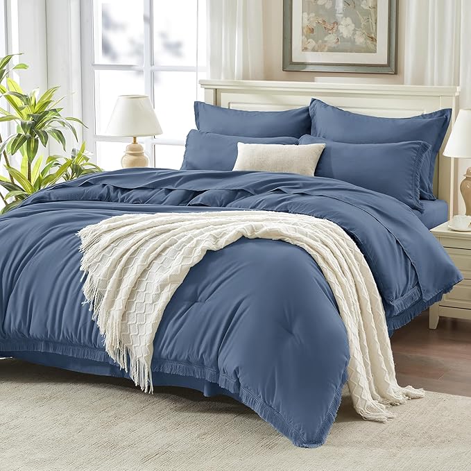 Andency California King Size Comforter Set with Sheets Bluish Grey - 7 Pieces Cal King Bed in a Bag Boho Bedding Sets, Bed Set with Comforter, Sheets, Pillowcases & Shams