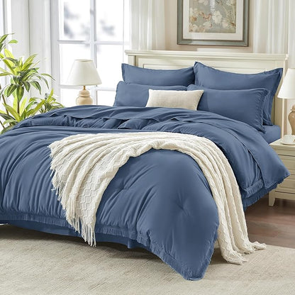 Andency Queen Comforter Set with Sheets Bluish Grey - 7 Pieces Boho Tassel Bed in a Bag Soft Lightweight Bedding Sets, Fringe Bed Set with Comforter, Sheets, Pillowcases & Shams