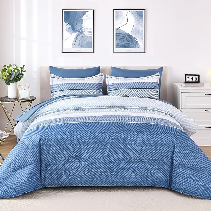 Drucon 7 Piece Striped Comforter Set King Size Light Blue Bed in a Bag, Soft Microfiber Complete Bedding Set with Sheets for All Season