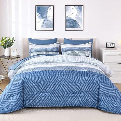 Drucon 7 Piece Striped Comforter Set King Size Light Blue Bed in a Bag, Soft Microfiber Complete Bedding Set with Sheets for All Season