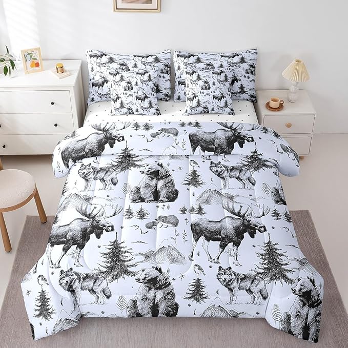 Erosebridal 7 Pcs Comforter Set Twin Size,Rustic Animal Bed in a Bag with Flat Sheet and Fitted Sheet for Kids and Adults,Farmhouse Cabin Lodge Bedding Set with Pillowcases and Cushion Cases