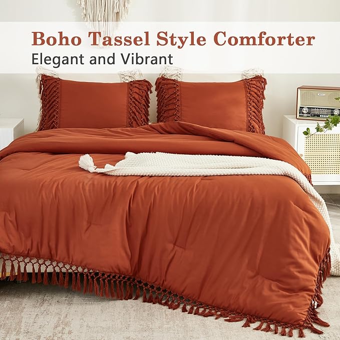 Andency Queen Comforter Set Burnt Orange, 3 Pieces Boho Terracotta Lightweight Fall Bedding Comforter Sets, Tassel Rust Bed Set (90x90In Comforter & 2 Pillowcases)