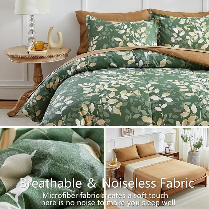 AIKASY 7-Piece Comforter Set Bed in a Bag, Queen Size, Green Leaf Pattern - Bedding Set with Comforter, Pillow Shams, Fitted Sheet, and Pillowcases - Soft and Cozy All-Season Bedding (Green)