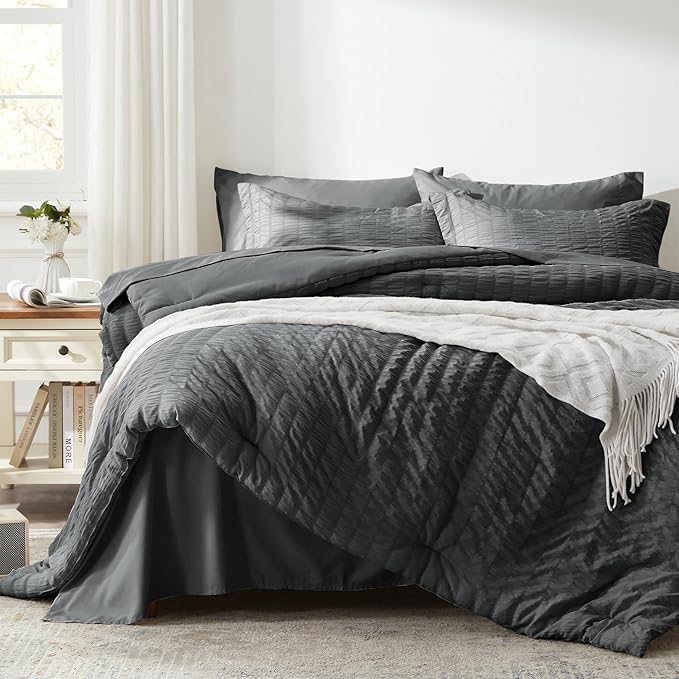 Zzlpp Queen Comforter Set 7 pieces, Dark Grey Seersucker Bed in a Bag with Comforter and Sheets, All Season Bedding Sets with 1 Comforter, 2 Pillow Shams, 2 Pillowcases, 1 Flat Sheet, 1 Fitted Sheet