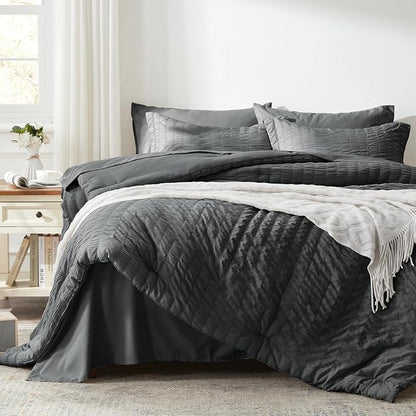 Zzlpp Queen Comforter Set 7 pieces, Dark Grey Seersucker Bed in a Bag with Comforter and Sheets, All Season Bedding Sets with 1 Comforter, 2 Pillow Shams, 2 Pillowcases, 1 Flat Sheet, 1 Fitted Sheet