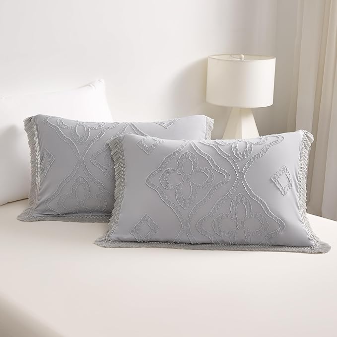 Boho Queen Comforter Set Grey 3 Pieces Tufted Tassel Comforter Set Queen Size Lightweight Queen Size Comforter Sets Farmhouse Shabby Chic Fluffy Gray Comforter Queen Bed Set Gift Choice