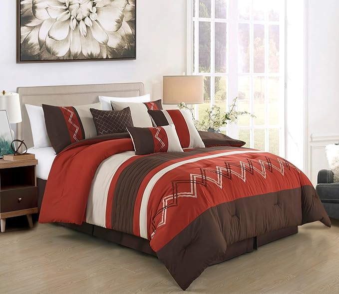 Chezmoi Collection Arden 7-Piece Modern Pleated Stripe Embroidered Zigzag Bedding Comforter Set (Full, Spice/Brown/Coffee Cream)