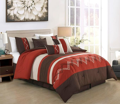 Chezmoi Collection Arden 7-Piece Modern Pleated Stripe Embroidered Zigzag Bedding Comforter Set (Full, Spice/Brown/Coffee Cream)