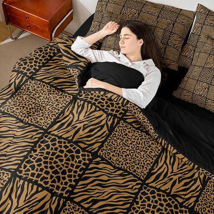 Brown Leopard Print Full Comforter Set 7 Pcs,Cheetah Zebra Skin Kids Comforter Blanket,Geometric Grid Splicing Bedding Sets with Comforter,Flat Sheet,Fitted Sheet,Pillowcases and Pillow Covers