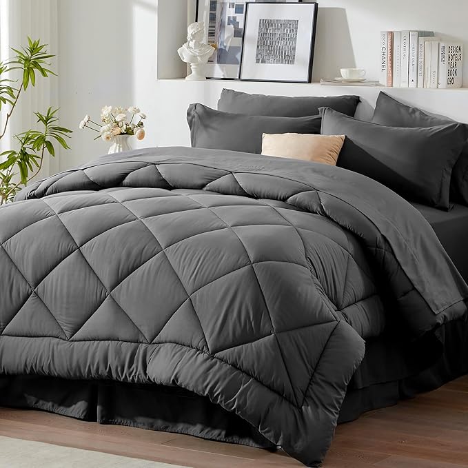 Newspin Twin XL Comforter Set Dark Grey - Bed in a Bag Twin XL Size 6 Pieces, All Season Bed Set, Fluffy Comforter Set with Sheets, Sheet Set Quilt Blanket, Pillowcases & Shams & Bed Skirt
